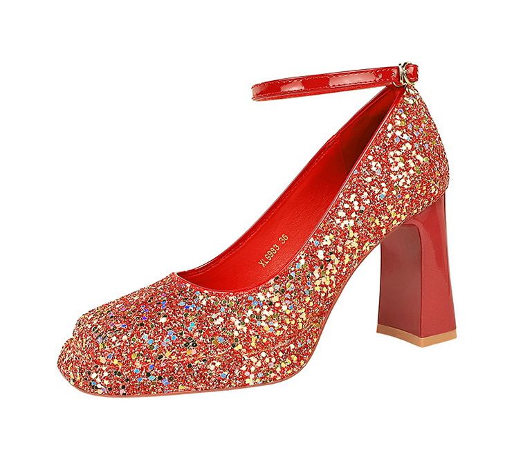 Chaussures pour femmes talons épais talons hauts plateforme imperméable bouche peu profonde tête carrée ligne de paillettes avec chaussures simples chaussures de mariage_voghion.com