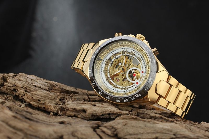 Men's Premium Gold-Toned Skeleton Automatic Mechanical Watch With Stainless Steel Band - 44mm Round Dial, Mineral Glass, Fold-Over Clasp Mechanical_voghion.com