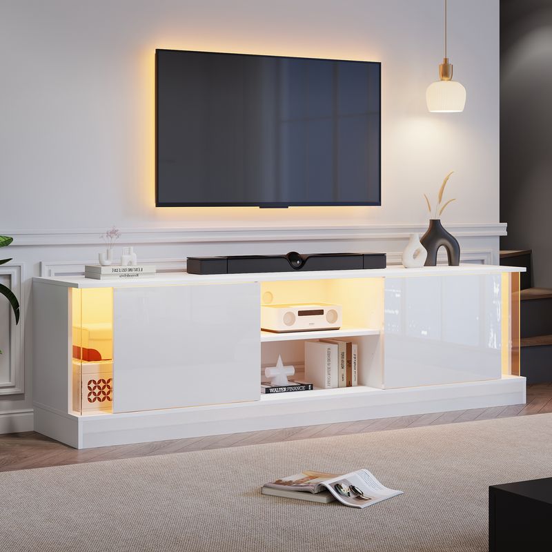 Meuble TV blanc brillant pour téléviseurs jusqu'à 70 pouces, console multimédia sur pied avec éclairage LED, centre de divertissement pour salon_voghion.com
