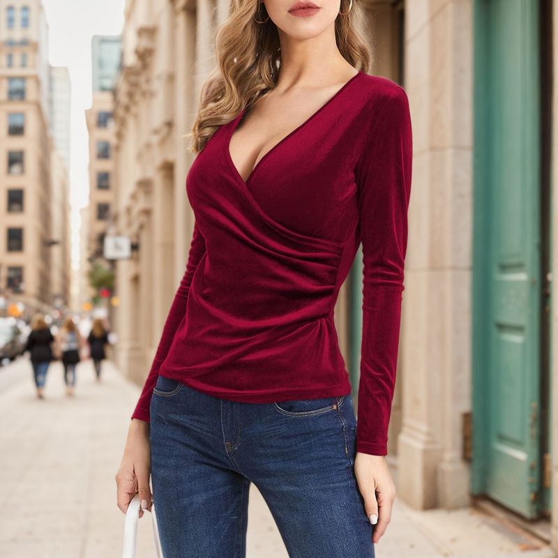 Autumn Winter Women's Top T-Shirt Sexy V-Neck Elegant Long Sleeve Glossy Ribbed Base Shirt Warm_voghion.com