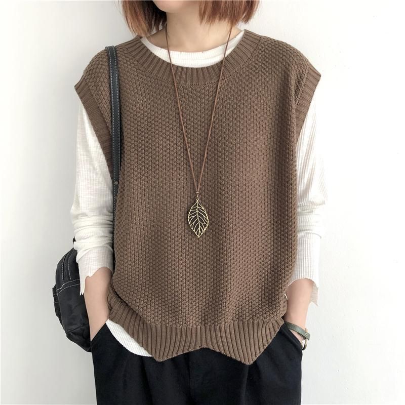 K Women's Knitted Vest; Pure Color, Loose, Round Neck, Irregular Pullover Short Cardigan._voghion.com