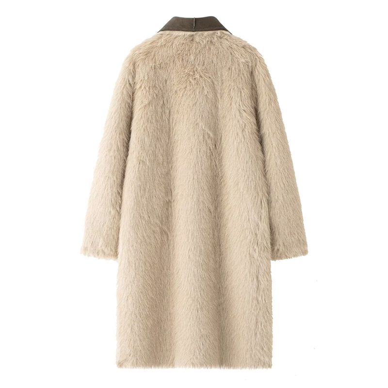 Cappotto lungo reversibile con collo in pelliccia sintetica - Giacca invernale double-face da donna, capospalla street style, marrone, XS/S/M/L_voghion.com