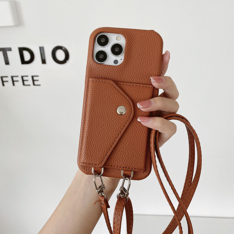 Mobile phone case card holder cross-body mobile phone case suitable for iPhone15 mobile phone case Apple 14promax pebbled pattern mobile phone case_voghion.com