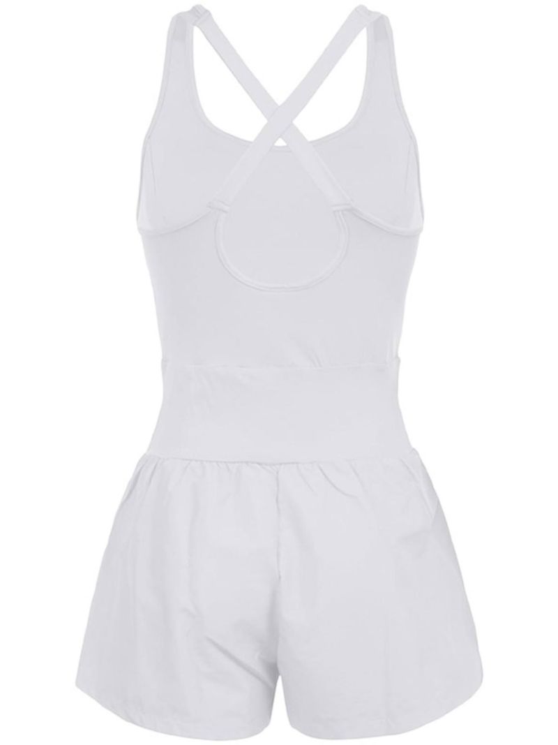 Tweedelige Illusion U-hals afslankende modieuze tanktop met aansluitende shorts, effen kleur, open rug, uitgeholde strakke romper voor dames_voghion.com