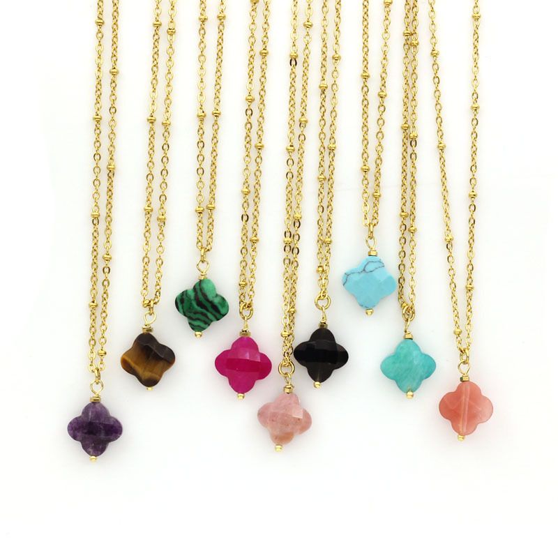 Collana semplice alla moda con ciondolo a forma di quadrifoglio portafortuna in pietra naturale, catena per clavicola da donna_voghion.com