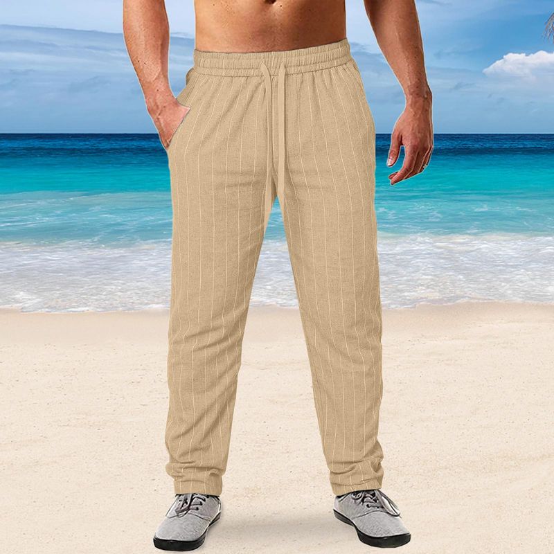Abbigliamento da uomo, nuovi pantaloni da spiaggia casual in cotone e lino con coulisse elastica in vita, a righe, da uomo_voghion.com