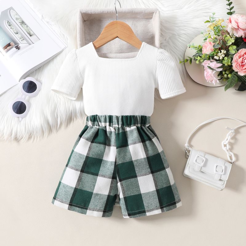 2024 Spring/Summer Small and Medium Sized Children's Square Neck Short Sleeve Pit Stripe Top Checkered Irregular Skirt_voghion.com