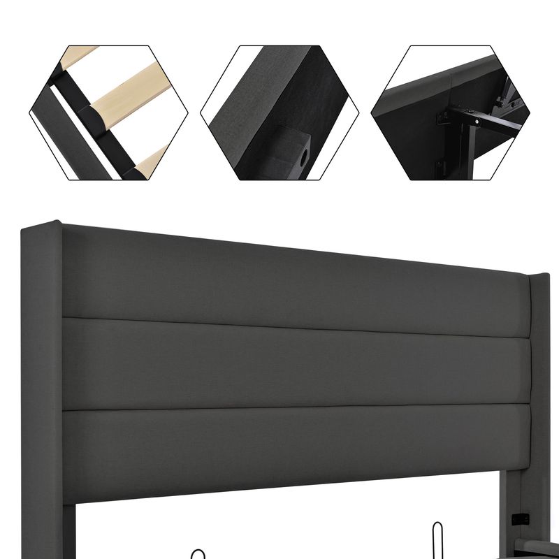 Lit double 160 x 200 cm avec matelas et sommier à lattes en bois, matelas rembourré avec système de rangement hydraulique, cadre en métal gris lin._voghion.com