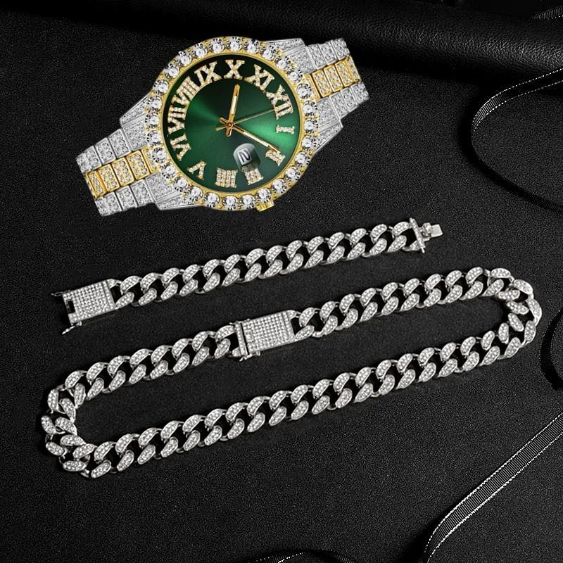 Hip Hop Watches Set Diamond Watch Bracelet Necklace Quartz Watch_voghion.com