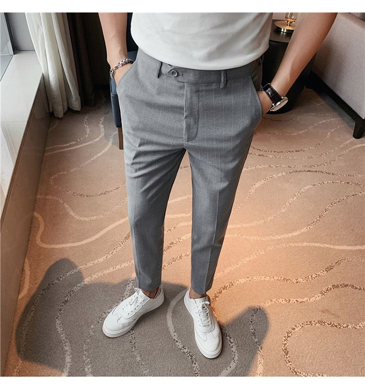 Summer thin men's slim-fitting trousers fashionable striped pants Korean version comfortable micro-elastic small foot_voghion.com