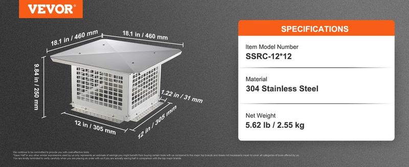 VEVOR Chimney Cap, 12 X 12 Inch, 304 Stainless Steel Fireplace Chimney Cover, Not Easily Toppled & Practical Accessories & Easy Installation, Fits Mesh Flue Covers Outside Clay Flue Shingles, Silver_voghion.com