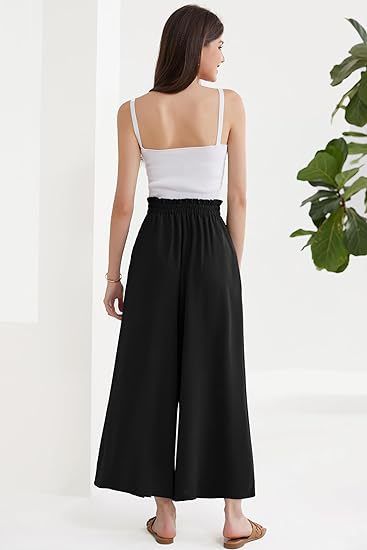 Calça Palazzo Feminina Leve, Casual, de Cintura Alta, com Bolsos e Fenda - Calça Larga e Flutuante para o Verão_voghion.com