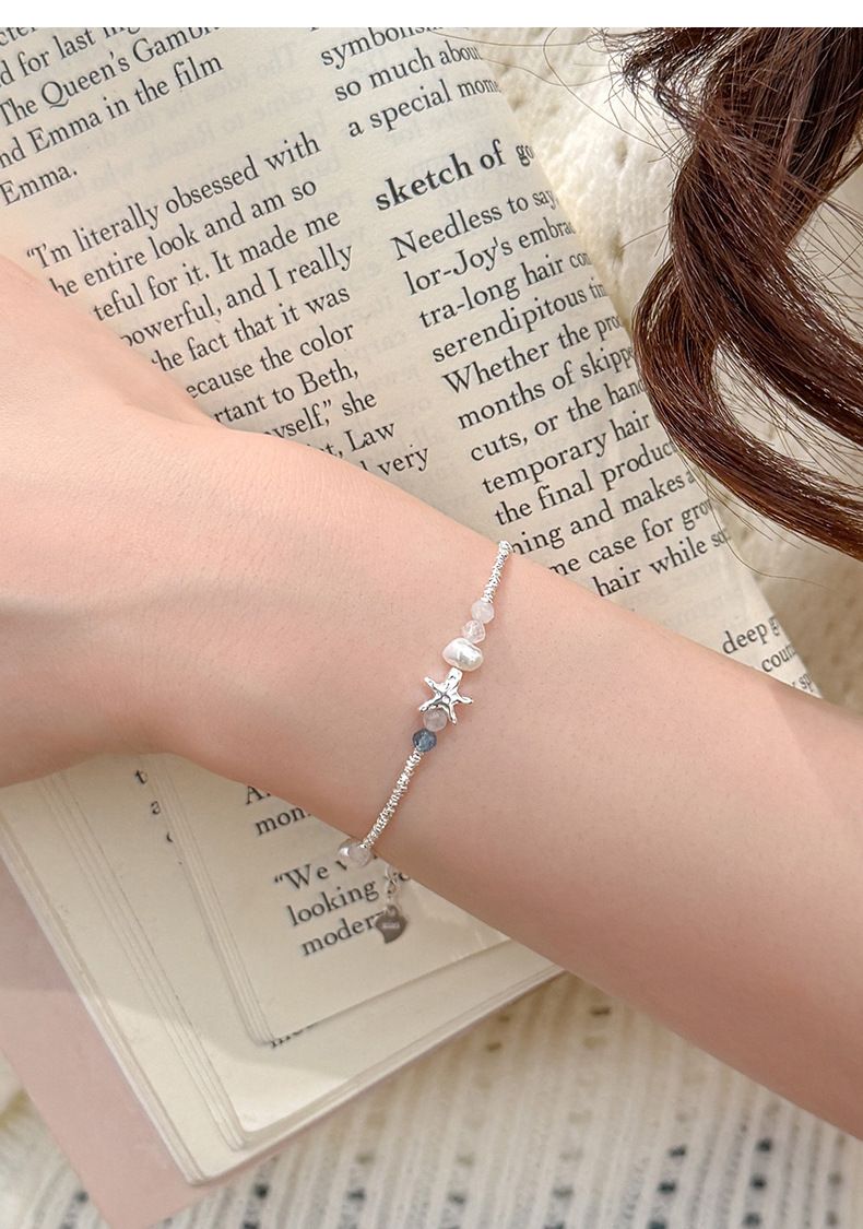 Women’s Summer Starfish Natural Pearl Charm Bracelet - Niche Fresh Design With Fragmented Silver & Aquamarine Accents_voghion.com