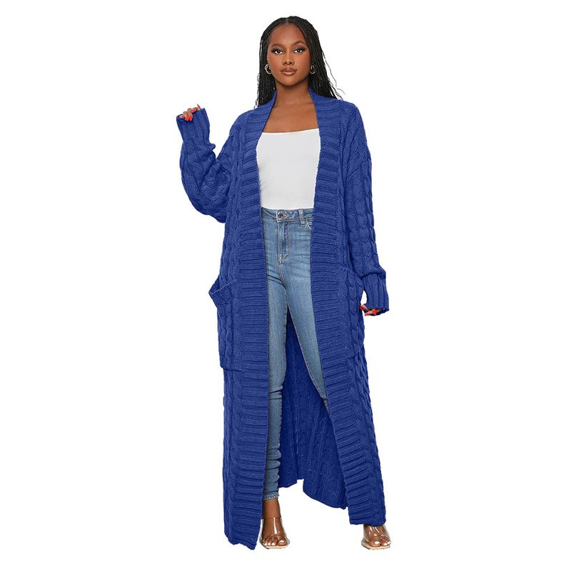 Damenbekleidung Locker gestrickte Strickjacke, gemütliche, übergroße Strickjacke mit Taschen, langer Zopfmuster-Pullovermantel, lockerer Boho-Chic, offene Vorderseite_voghion.com