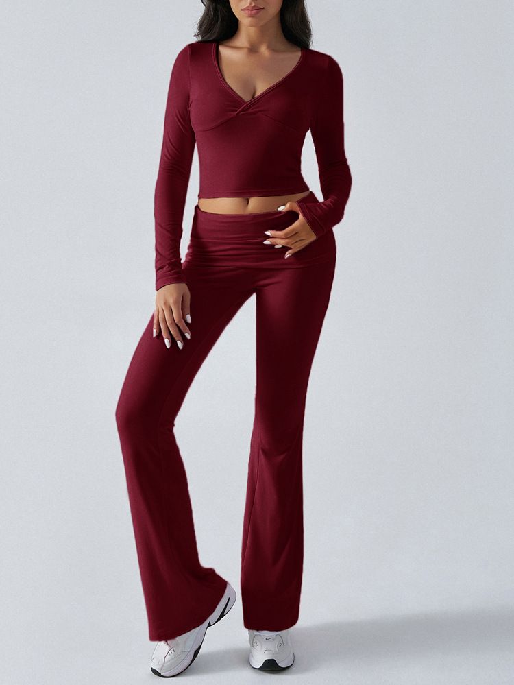 KaiKuo 2024 Automne Hiver Femmes Y2K Décontracté Sport Style Couleur Unie Haut Pantalon Évasé Ensemble 2 Pièces_voghion.com