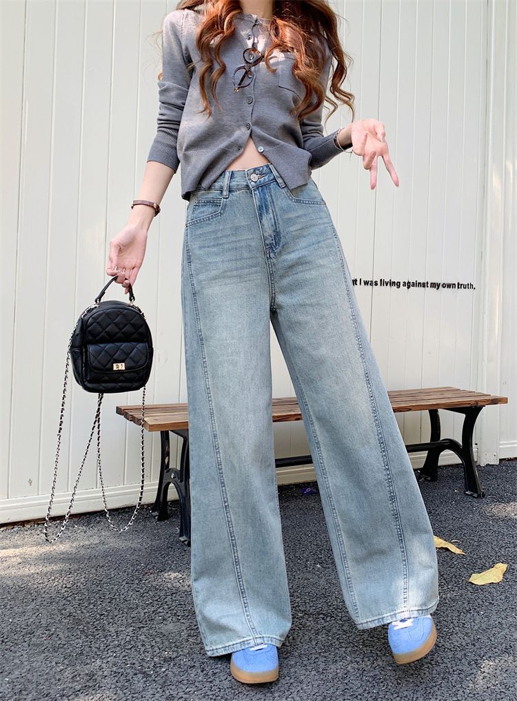 Weite Jeans im Frühlingsstil für Damen, neue hoch taillierte, gerade Beine mit hängendem Griff, bodenlange Hose_voghion.com