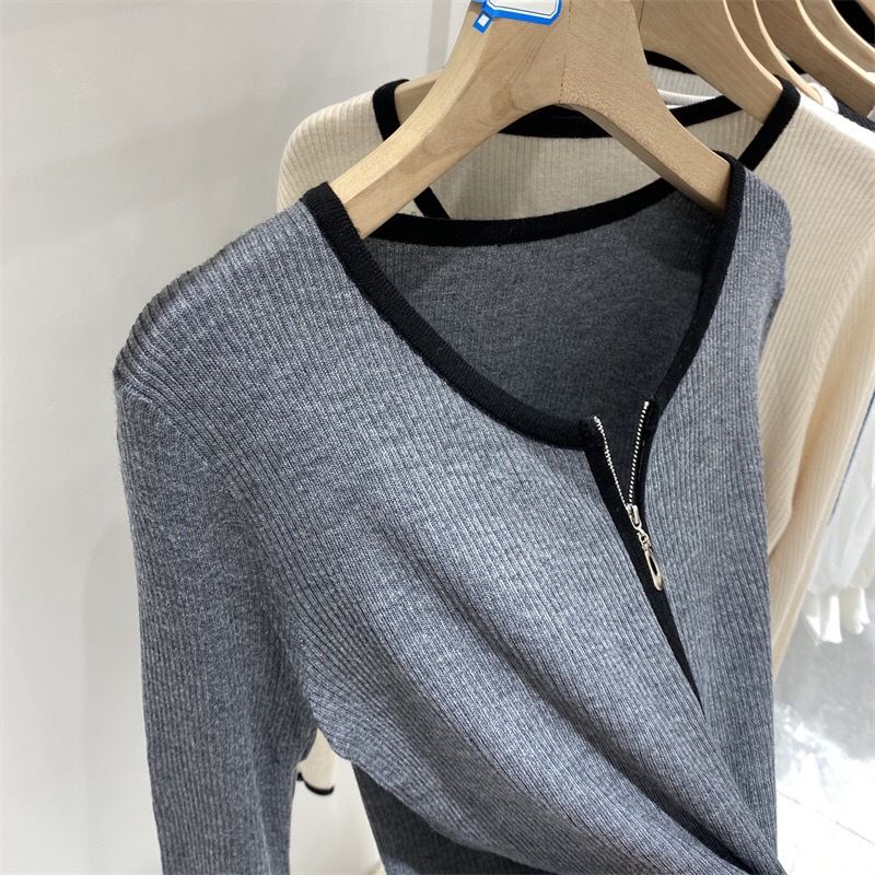 Academy-Style Zip-Up Knit Cardigan - Slim Fit Long Sleeve Layering Tee (5 Classic Colors, One-Size)_voghion.com