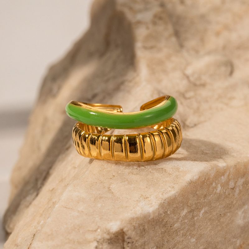 Modische Internet-Berühmtheit INS Edelstahl grün Tropf Öl Doppelschicht Brot Muster offenen Ring Schmuck_voghion.com