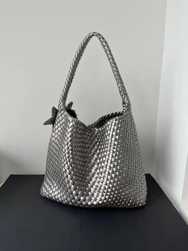 Borsa a secchiello da donna con motivo intrecciato color champagne, grande capacità, da portare a mano o a spalla_voghion.com