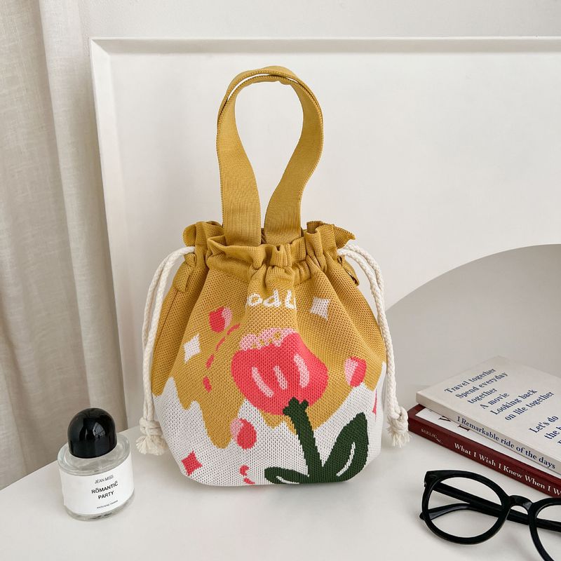 Knitted Bucket For Women With Cartoon Pattern, Cute Handbag, Casual Versatile Drawstring Tote, Underarm Bag, Lunch Bag_voghion.com