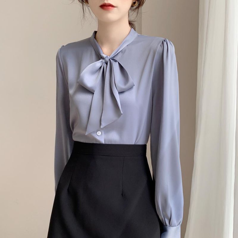 K New Bow Tie Design Women's Shirt; Minority Professional Style Satin Blouse With Sash_voghion.com
