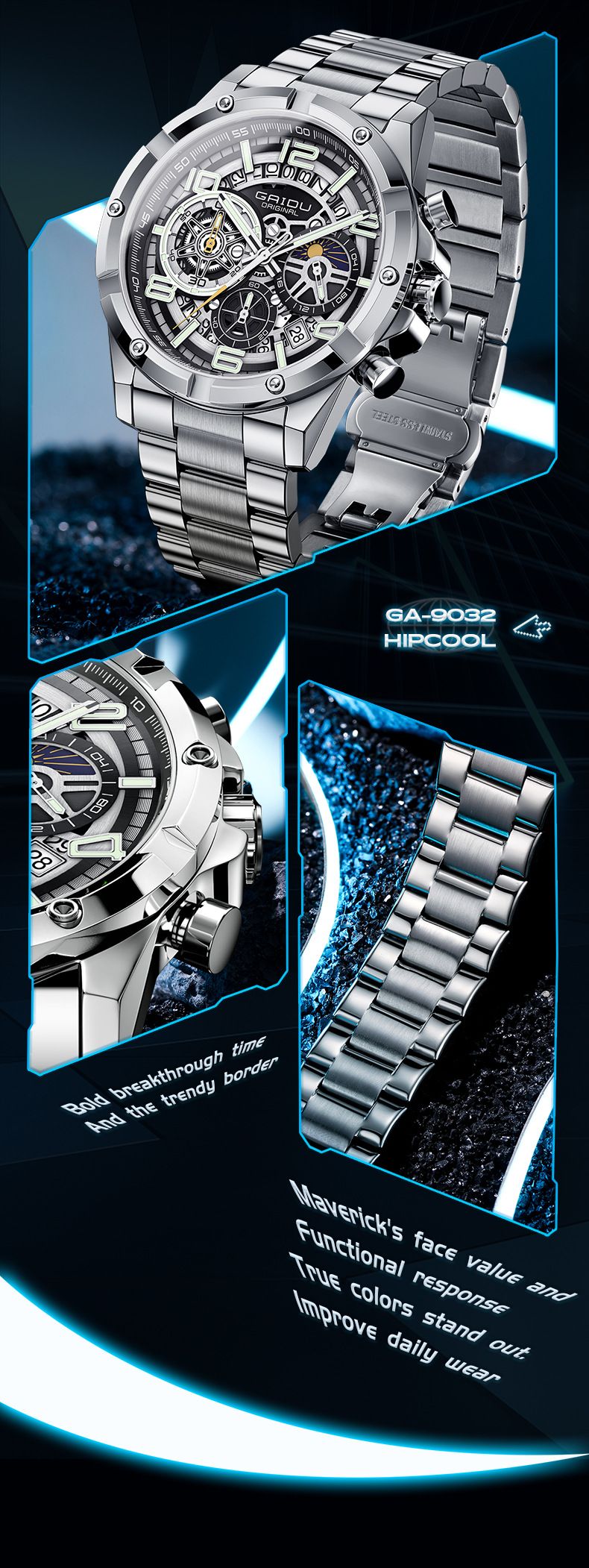 Reloj cronógrafo de negocios para hombre con manecillas luminosas, indicador de fecha y correa de acero inoxidable. Elegante caja de 42 mm y resistente al agua hasta 30 m._voghion.com