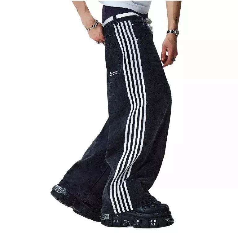 Herrenbekleidung Retro Street Stripe Jeans Washed Distressed Casual Straight Wide Leg Wischhose_voghion.com