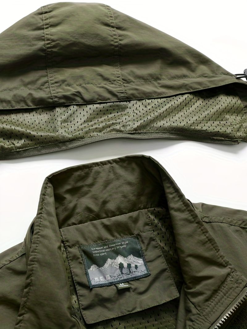 Men's Detachable Hood Jacket – Lightweight Nylon, Multi-Pocket Design, Relaxed Fit (M-5XL, Black/Khaki/Army Green, Stand Collar)_voghion.com