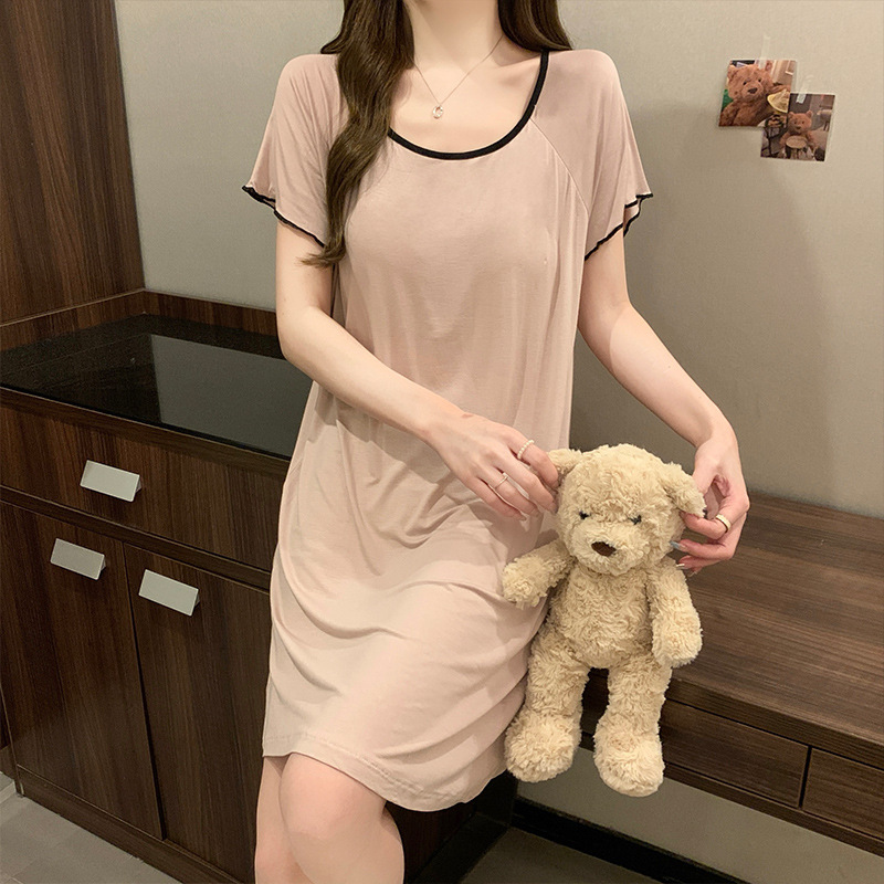 Women's summer solid color short sleeved Modal cotton with breast pads, loose fitting student bra free home skirt_voghion.com