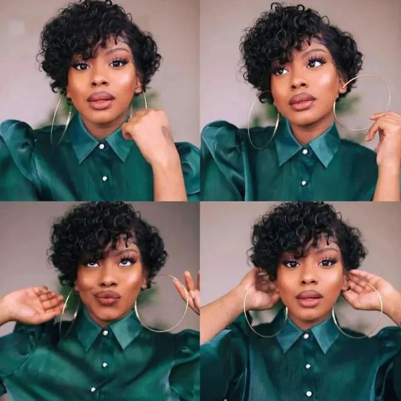Kurze verworrene lockige Perücke aus menschlichem Haar mit Spitzenfront, Pixie-Schnitt, Perücke aus menschlichem Haar, 13 x 4 Spitzenfront, natürliche brasilianische Haarperücken für Frauen_voghion.com
