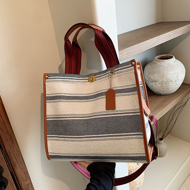 Harajuku Canvas for Women's 2024 New Fashion Stripe Handheld Shoulder with Large Capacity Commuting Tote Bag_voghion.com