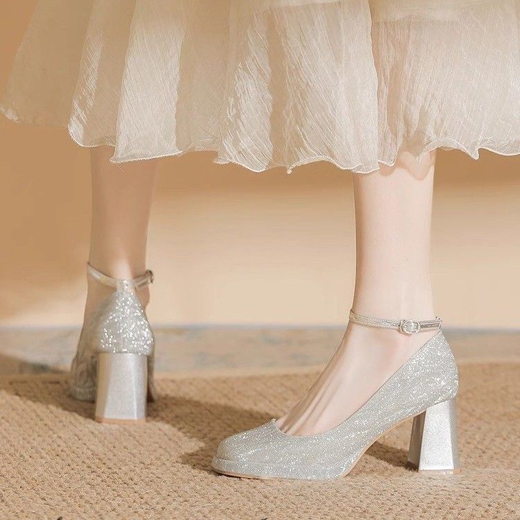 Fairy Style Single Button Waterproof Table With Fine Flashing Spring New High Heels, Mary Jane High-end Feeling Square_voghion.com