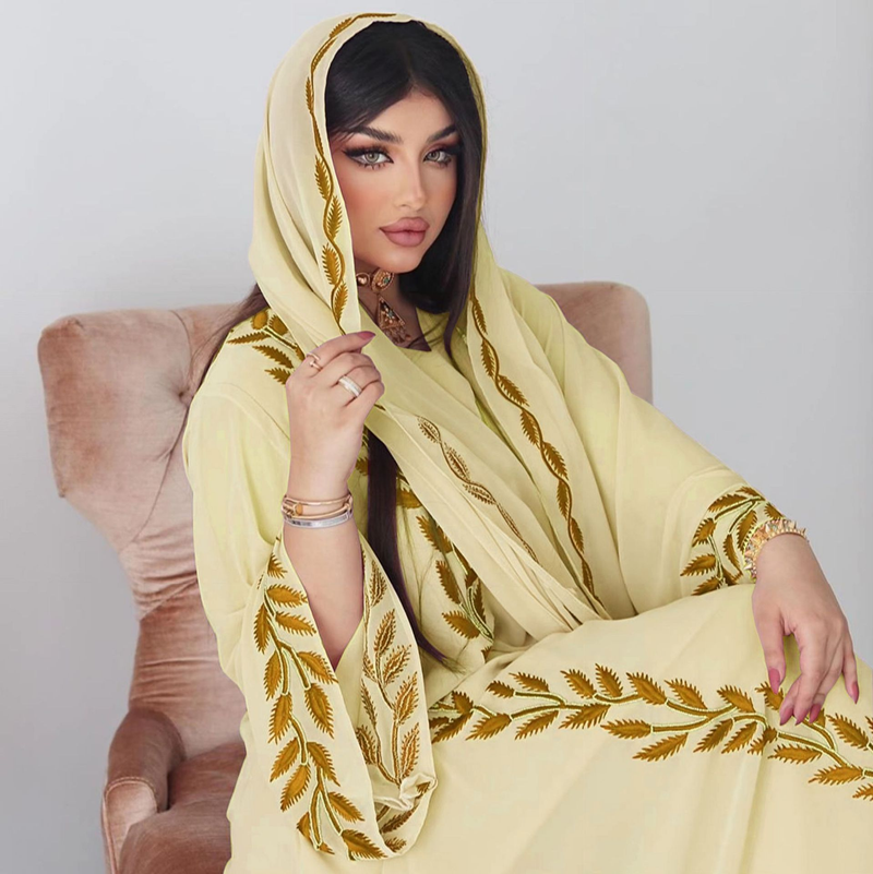 Damenmode Street Chiffon langes muslimisches besticktes rosafarbenes Rundhalskleid mit Hijab_voghion.com