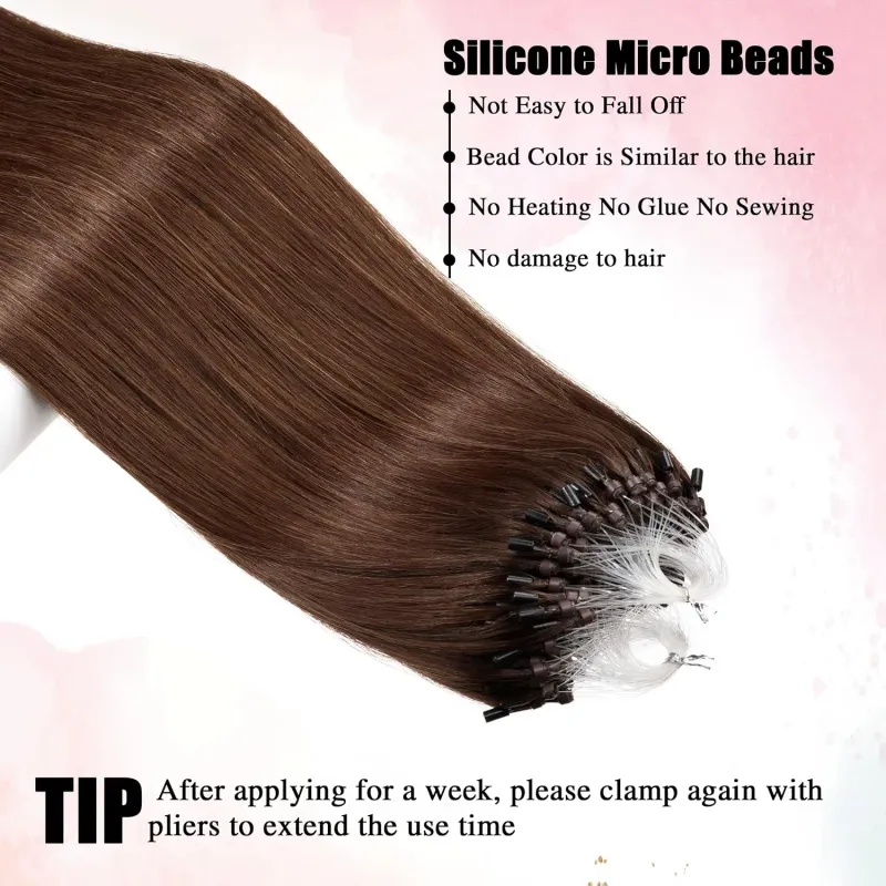 Mittelbraune, glatte Micro-Loop-Haarverlängerung mit Stockspitze, weich und seidig, 50 g, 40,6–66 cm, für Frauen, Farbe 4 2_voghion.com
