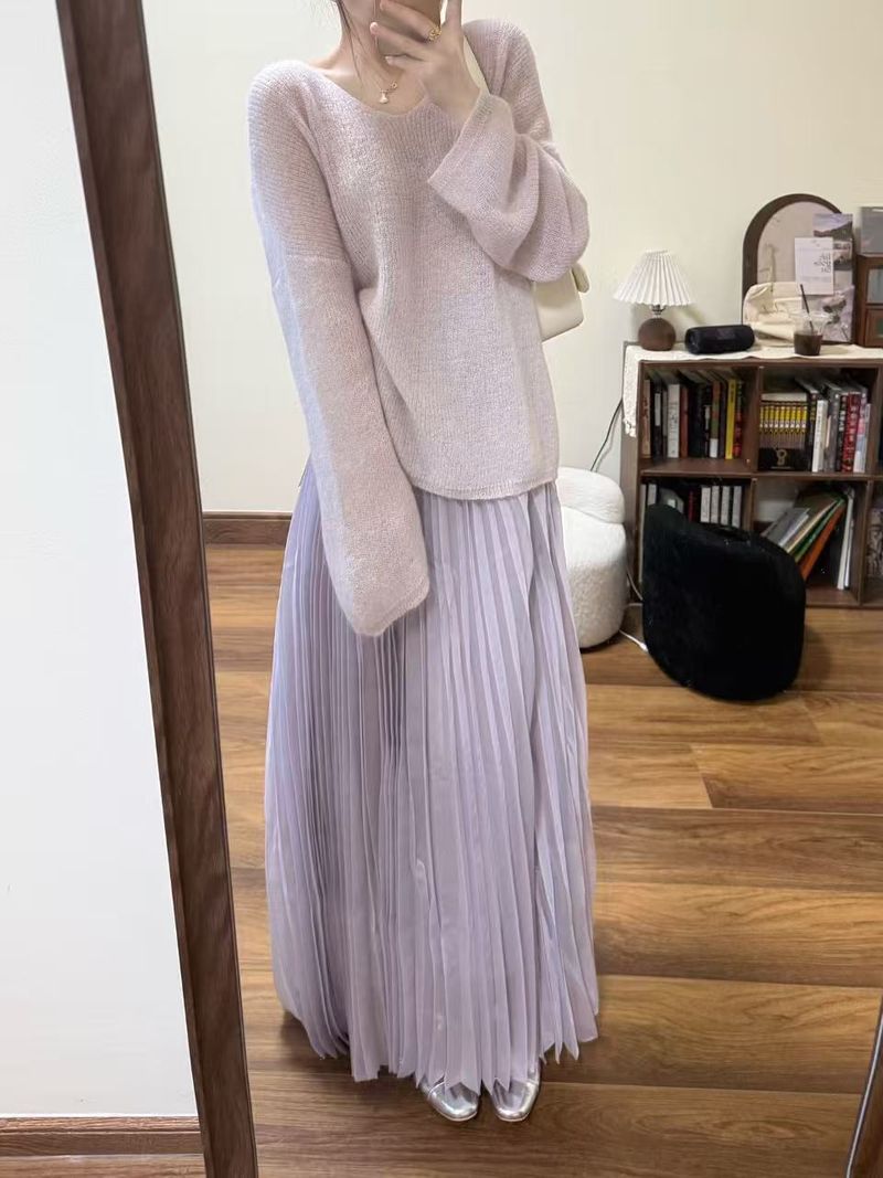 Pull en mohair à col V pour femme, coupe ample et flatteuse, manches longues, idéal pour le printemps._voghion.com