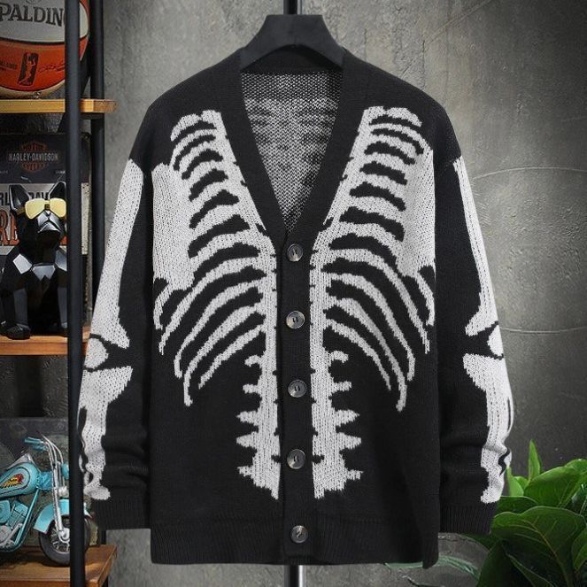 "Gothic Punk Oversized Button-Up Cardigan – Dark Streetwear Hoodie With Distressed Print"_voghion.com