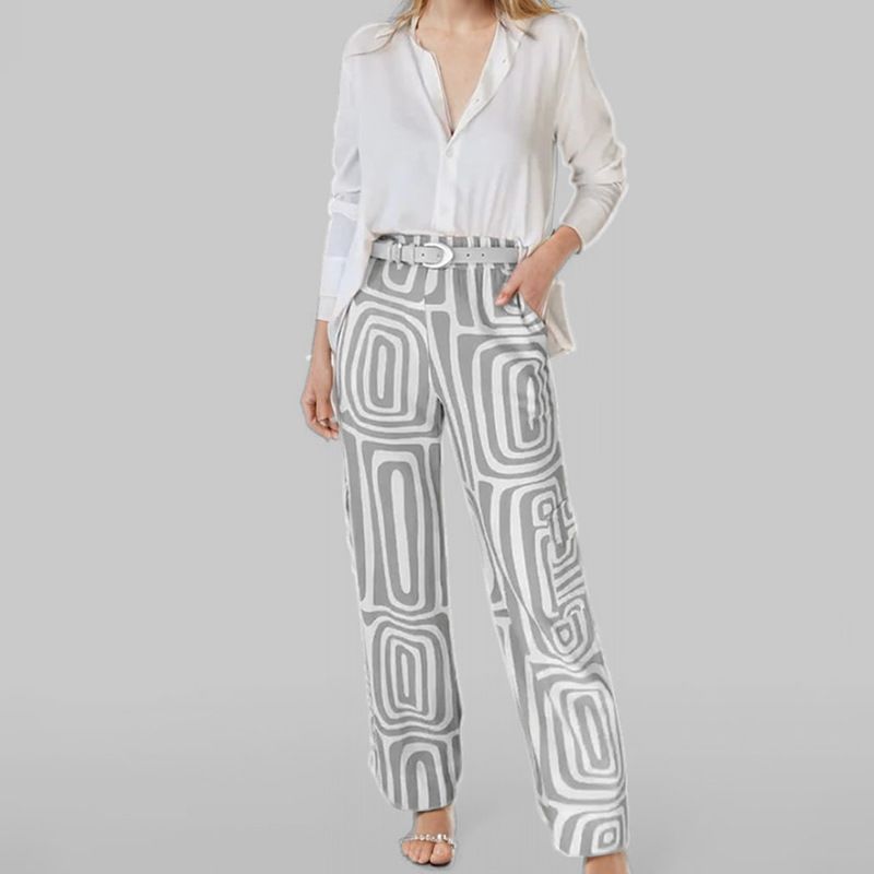 Completo elegante da donna con stampa geometrica, pantaloni e camicetta a maniche lunghe in poliestere antipiega per l'ufficio_voghion.com