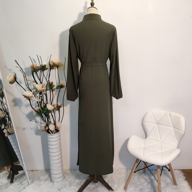 Roupas femininas nova moda muçulmana lapela cor sólida botão completo vestido fino saia longa_voghion.com
