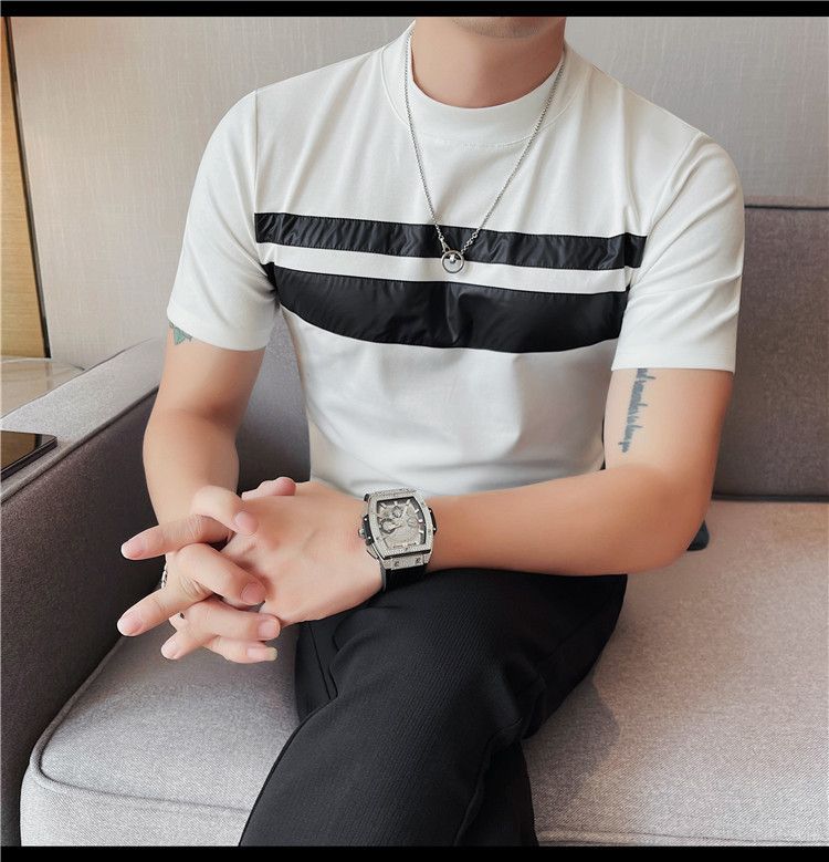 2024 Summer New Men's Short-sleeved T-shirt Chest Patch Contrasting Color Men's Elastic Half-sleeved Bottoming Shirt Round Neck Tide_voghion.com