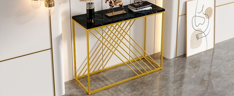 Console noire avec pieds dorés, 100 x 35 x 77 cm, table d'entrée en MDF brillant, table de couloir, buffet, table d'appoint, style vintage_voghion.com