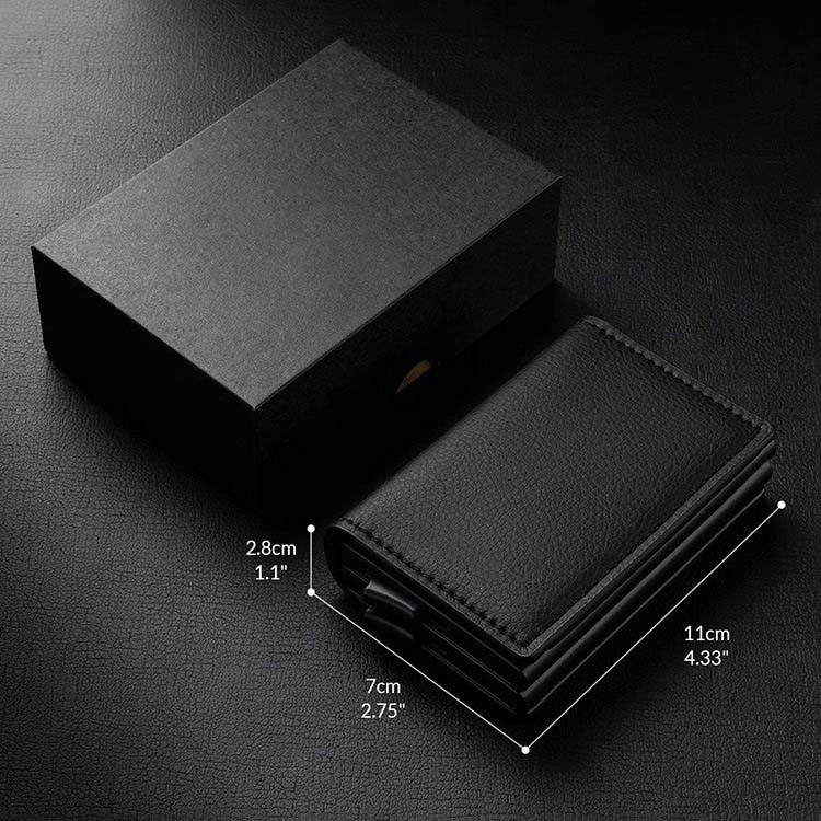Cartera para tarjetas de crédito con función anti-RFID y ranuras para múltiples tarjetas, con expulsión automática, de cuero genuino y doble caja de aluminio._voghion.com