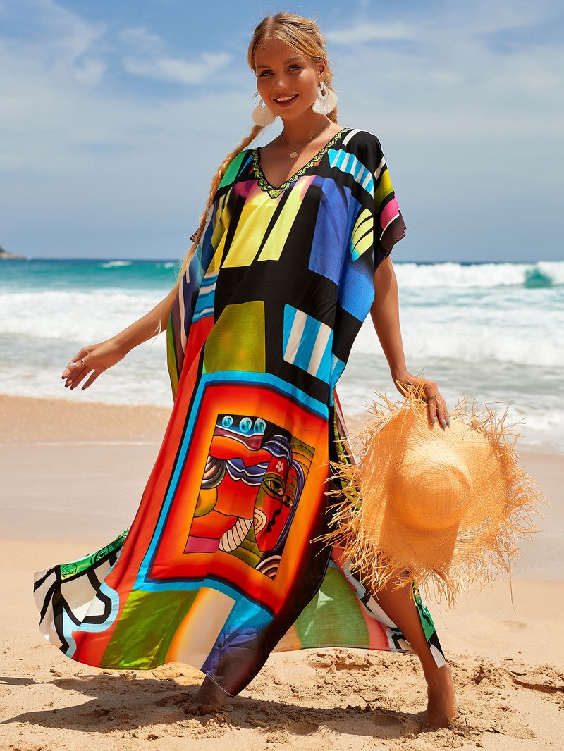 Strandkleid aus 100 % Baumwolle für Damen – Sonnenshirt mit Boho-Print, locker sitzende Bademode, Langarm-Tunika für den Urlaub am Pool_voghion.com