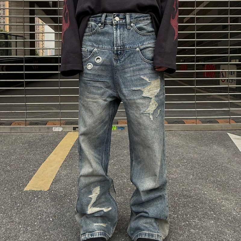 Herrkläder Amerikanska dekonstruerade sömmar Dubbla midja förstörda jeans för män Raka slanka utsvängda Cleanfit-byxor_voghion.com