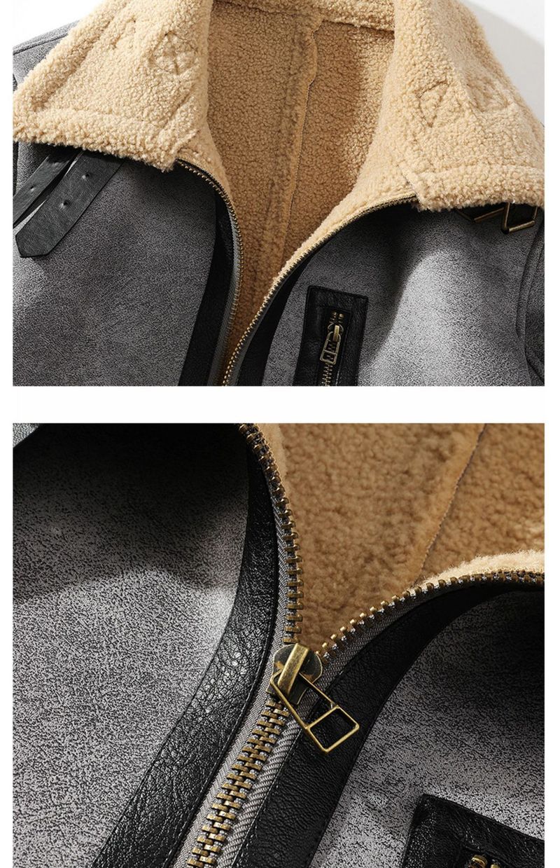 Herrenjacke aus Kunstlammfell im Relaxed-Fit – Wintermantel mit Reißverschluss und Fleecefutter und Revers (Grau, M-5XL)_voghion.com