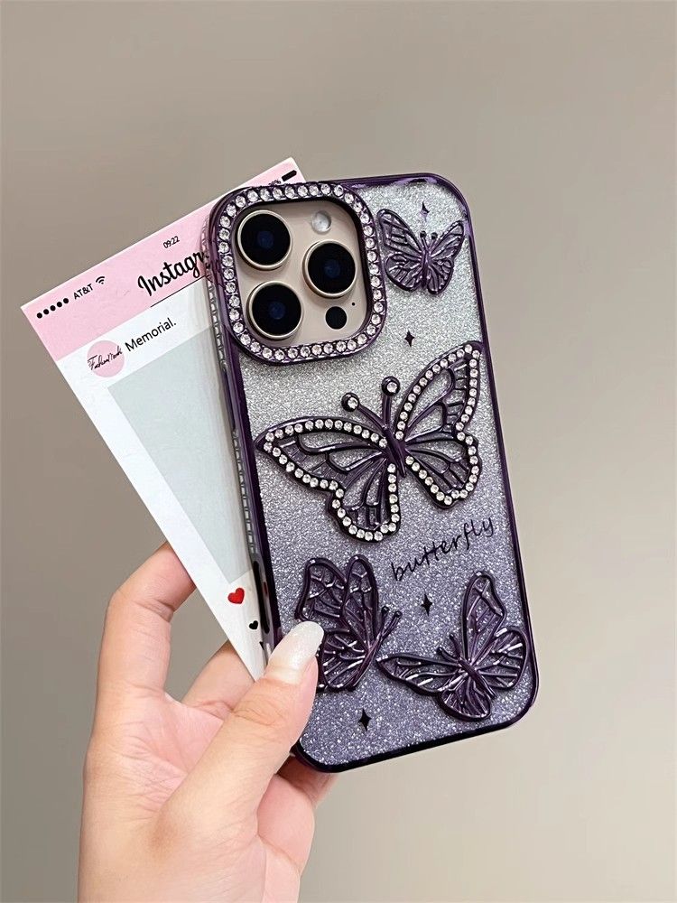 TechGlobe Gradient Glitter 3D Butterfly Case For 17 Pro Max IPhone 15 Diamond-Encrusted 14 Internet Celebrity_voghion.com