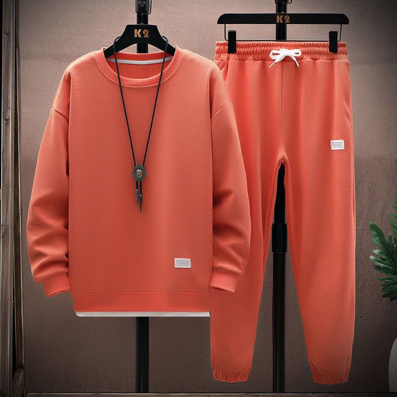 Conjunto deportivo de punto gofrado para hombre: dos piezas transpirables para estar en casa y para la calle (M-5XL, 95 % poliéster, antibolitas, estilo "Run to Campus Core")_voghion.com