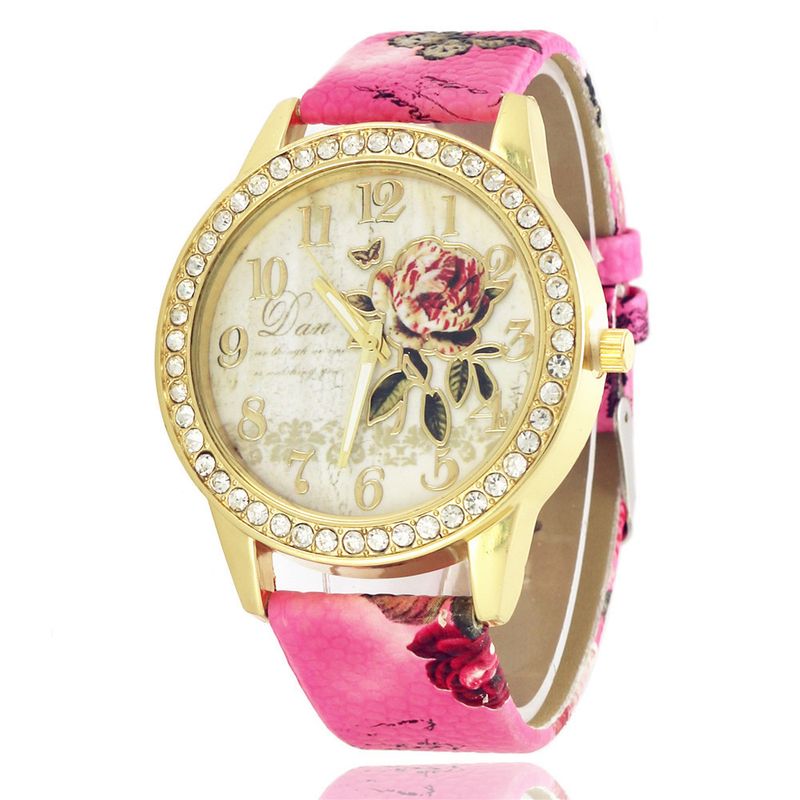 popolare orologio da donna con cintura in pelle stampata, orologio da donna al quarzo con diamanti digitali, orologio da donna casual con cintura a fiori_voghion.com