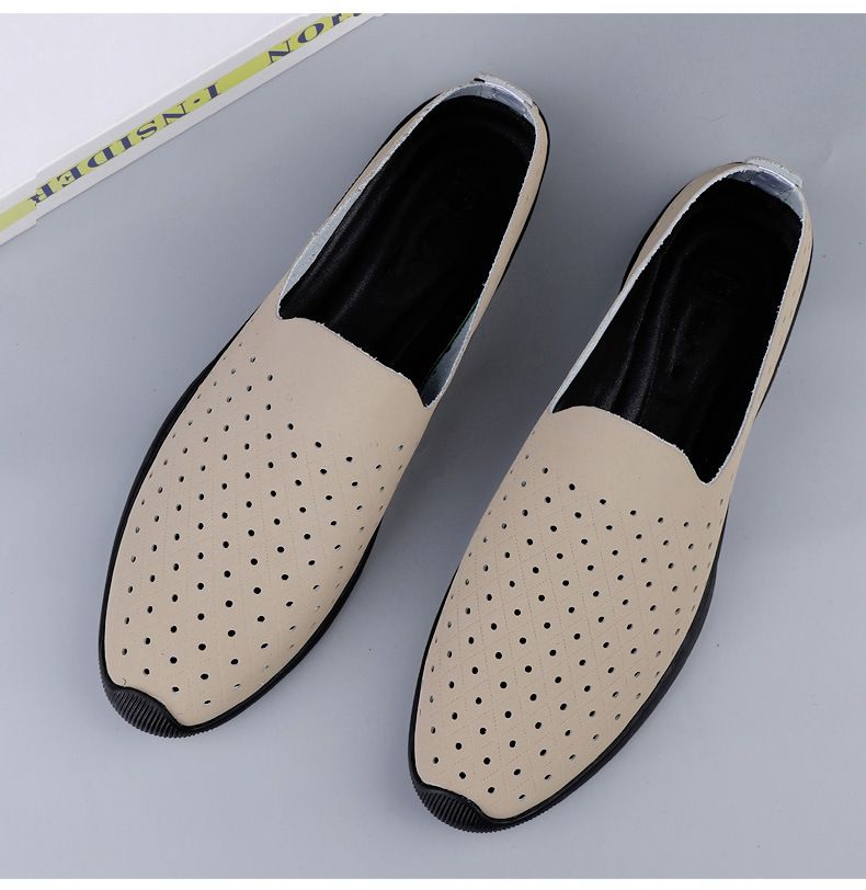 Summer New Hollow Breathable Casual Men's Shoes Doudou Shoes Cow Two-layer Leather British Casual Lazy Loafers_voghion.com