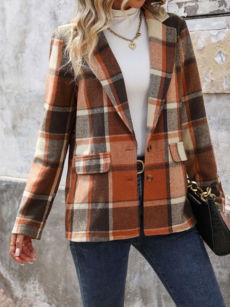 Women's Clothing Casual Retro Loose Brushed Plaid Blazer For Women - Oversized Office & Street Style Polyester Blend Long Sleeve Jacket_voghion.com