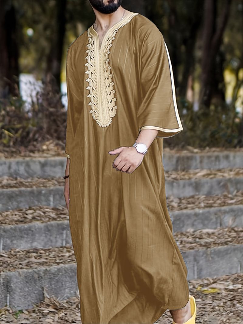 Men's Clothing Men's Robe Loose V Neck Short Sleeved Embroidered Muslim Men's Clothing_voghion.com